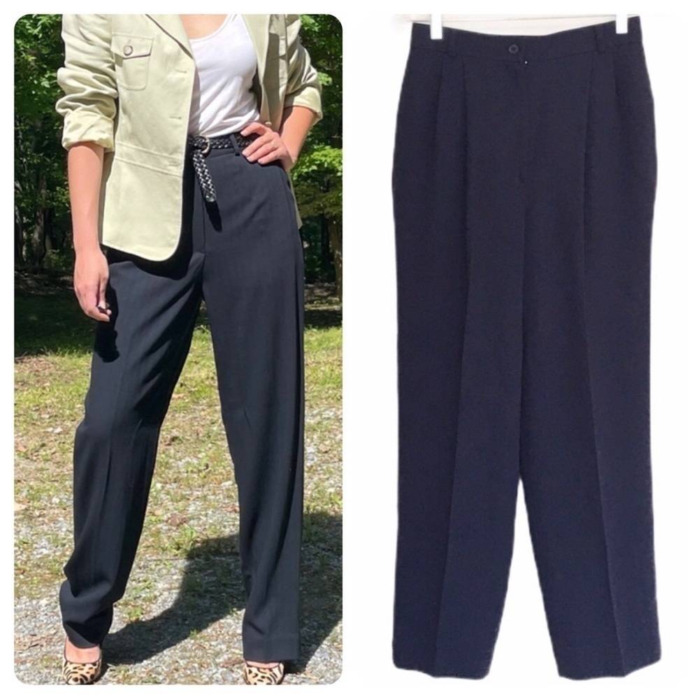 Vintage Carlisle High Rise Pleated Wool Trousers Navy Blue Size 10